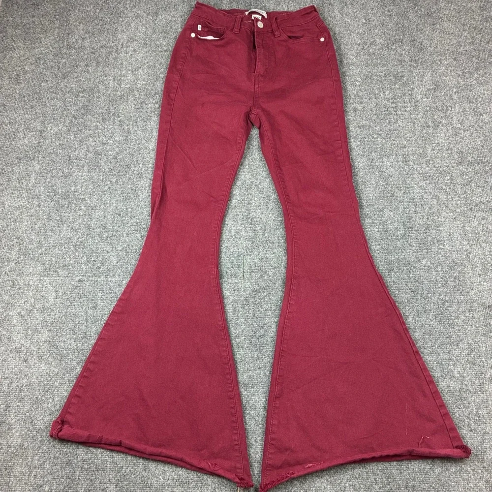 Judy Blue Super Flare Jeans Burgundy Wine High Rise Bell Bottom Raw Hem 5/27